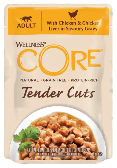 Wellness Core cat tender cuts kip&kippenlever gravy 85gr. - afbeelding 1